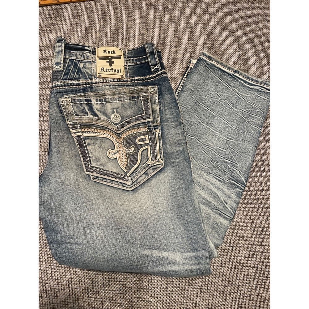 Rock Revival Alpine Green Kind Tapered Distressed Jeans Mens 38 EP3626E
